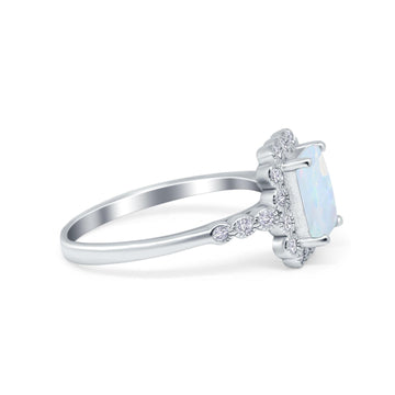 Halo Radiant Cut Wedding Ring Lab Created White Opal 925 Sterling Silver